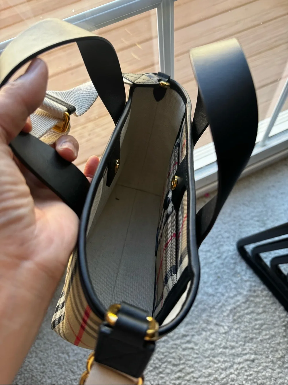 Burberry Beige Plaid Tote with Black Handles and Red Stripe